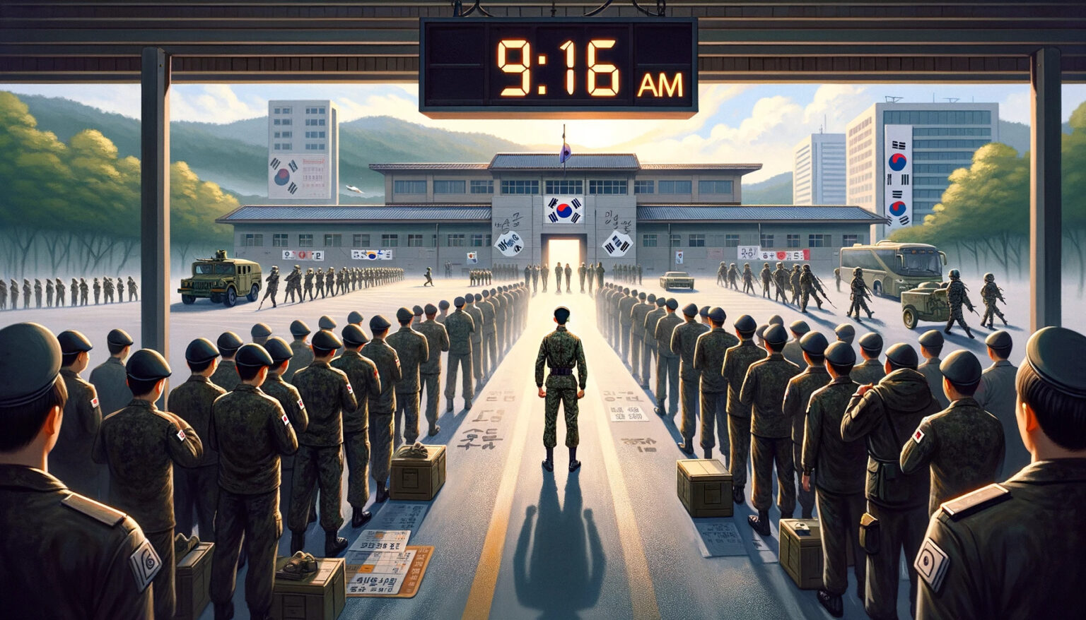 DALL·E 2023-12-05 14.30.26 – A scene at a South Korean military base depicting the moment of enlistment. It’s 9_16 AM, and a soldier, symbolizing a new recruit, is seen in the dis
