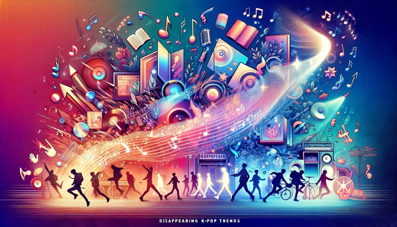 DALL·E 2024-01-18 17.02.51 – A dynamic and engaging image representing the evolution and changes in K-POP trends. The image should include elements such as disappearing trends in