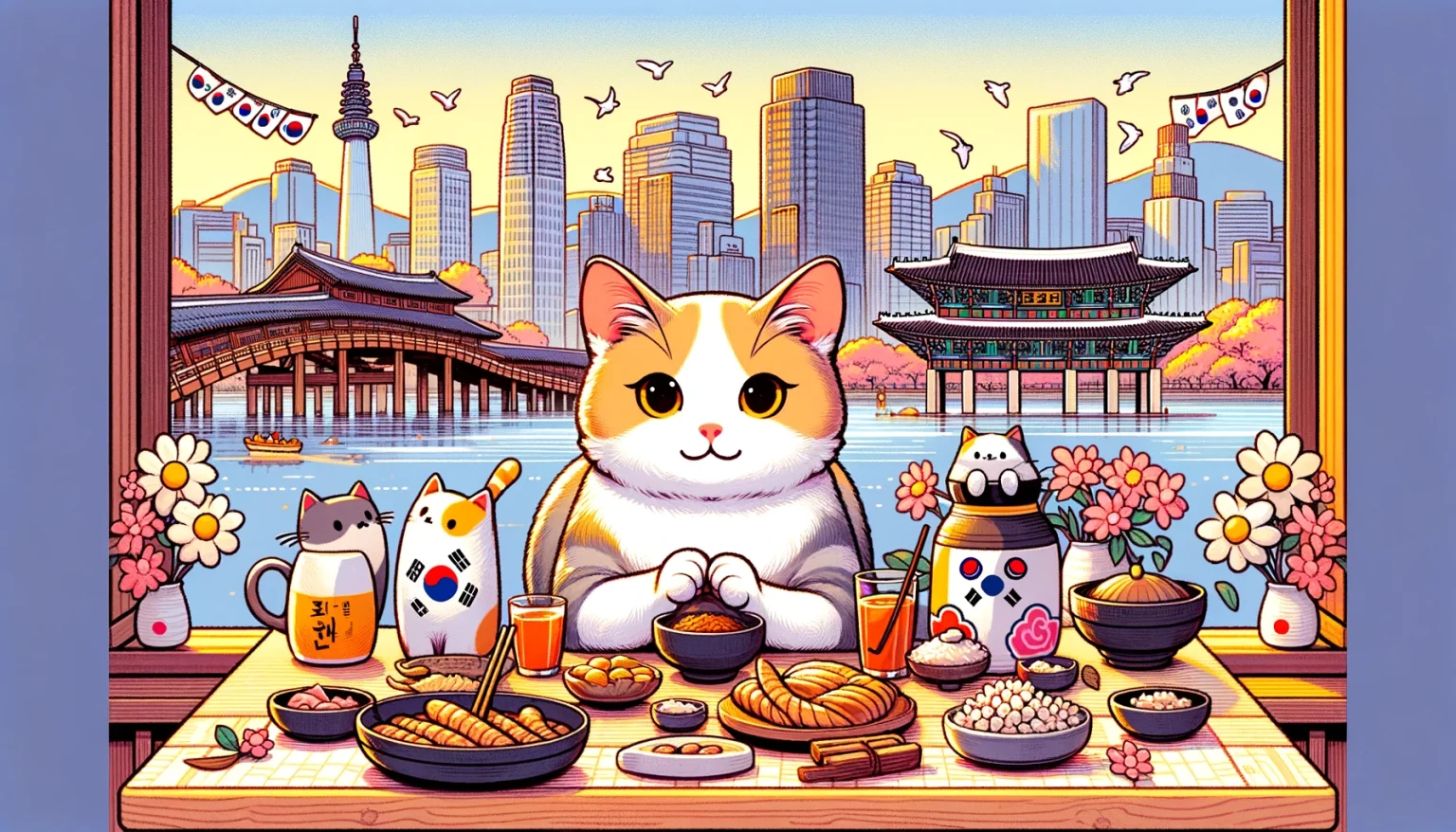 DALL·E 2024-02-22 10.43.33 – Create an illustration-style image focusing on cats in South Korea, without including specific Japanese imagery. The image should highlight the unique
