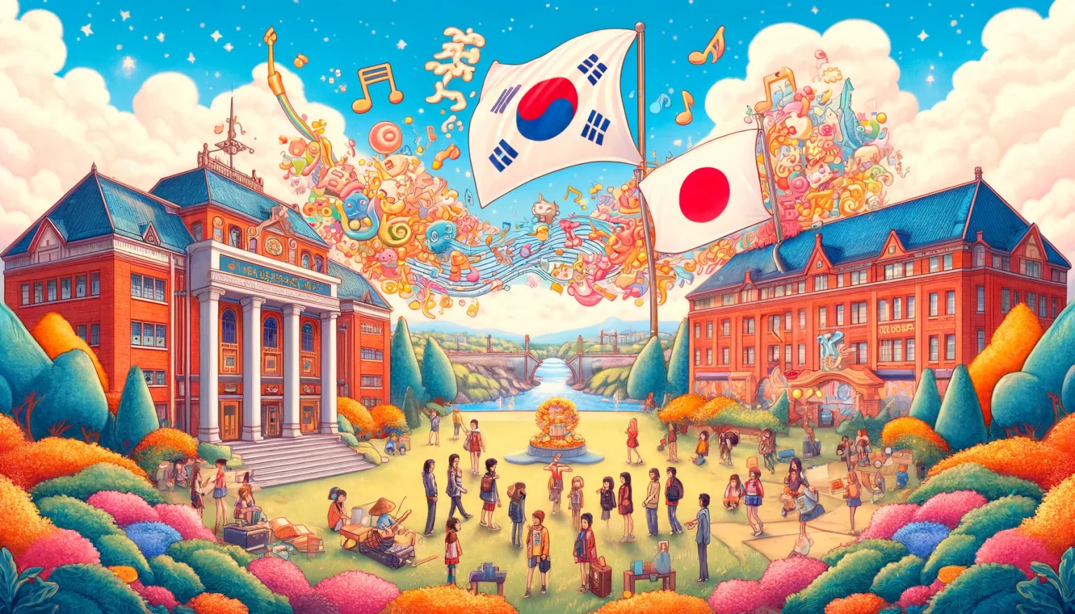 DALL·E 2024-04-08 12.39.53 – Create a whimsical, illustrative 16_9 image that encapsulates the spirit of collaboration between Korean and Japanese universities linked to K-POP ido