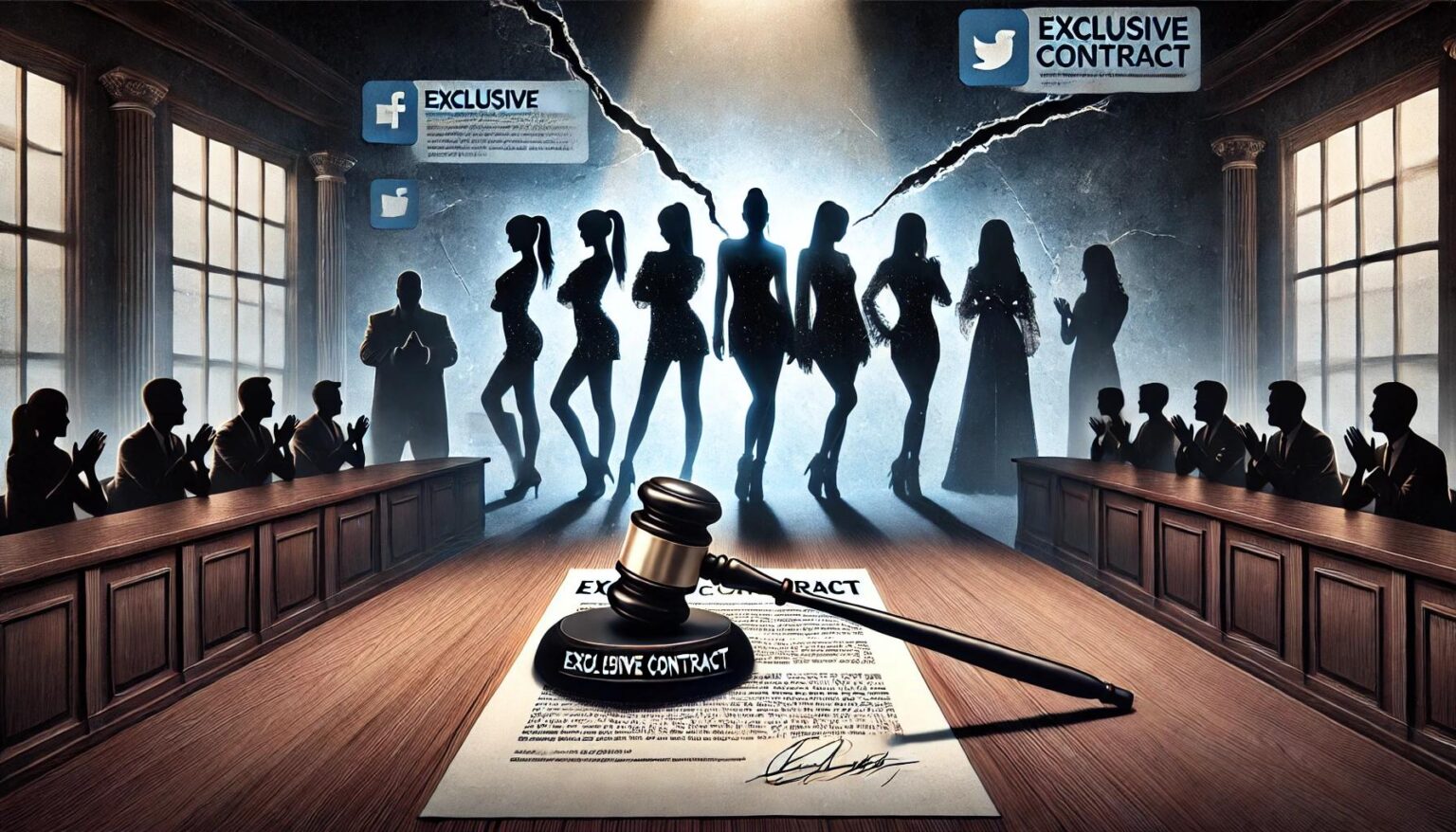 NewJeansがいま抱えるリスクとは? 現地弁護士が徹底解説「キーワードは”専属契約”」 A_dramatic_digital_illustration_depicting_a_legal_