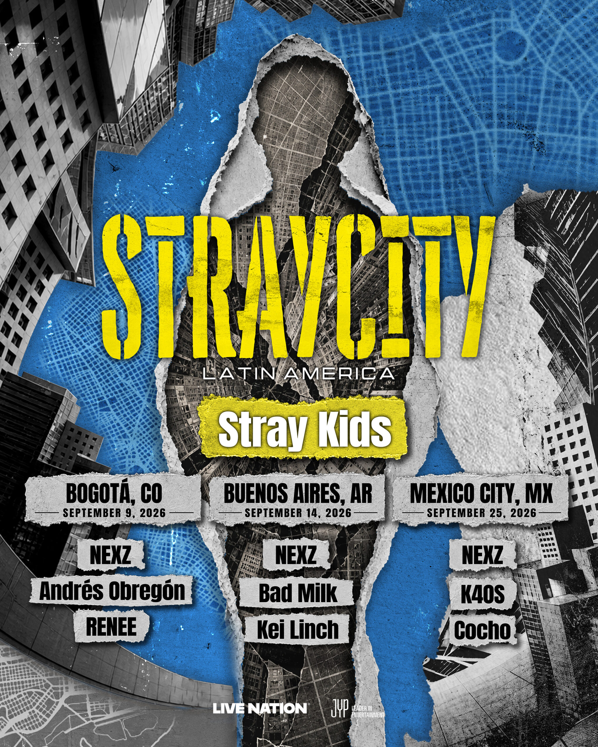 STRAYCITY LATIN AMERICAの出演者と開催都市を記したポスター