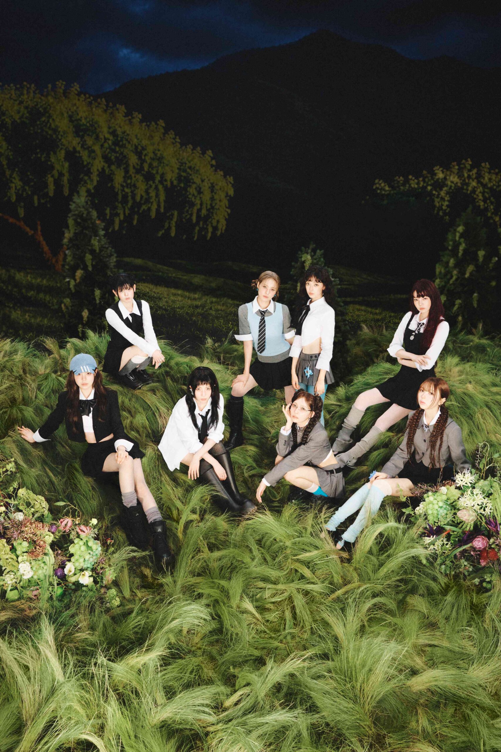 NiziU「Sour Grapes」ティザー写真（ネオングリーン背景の集合カット）
