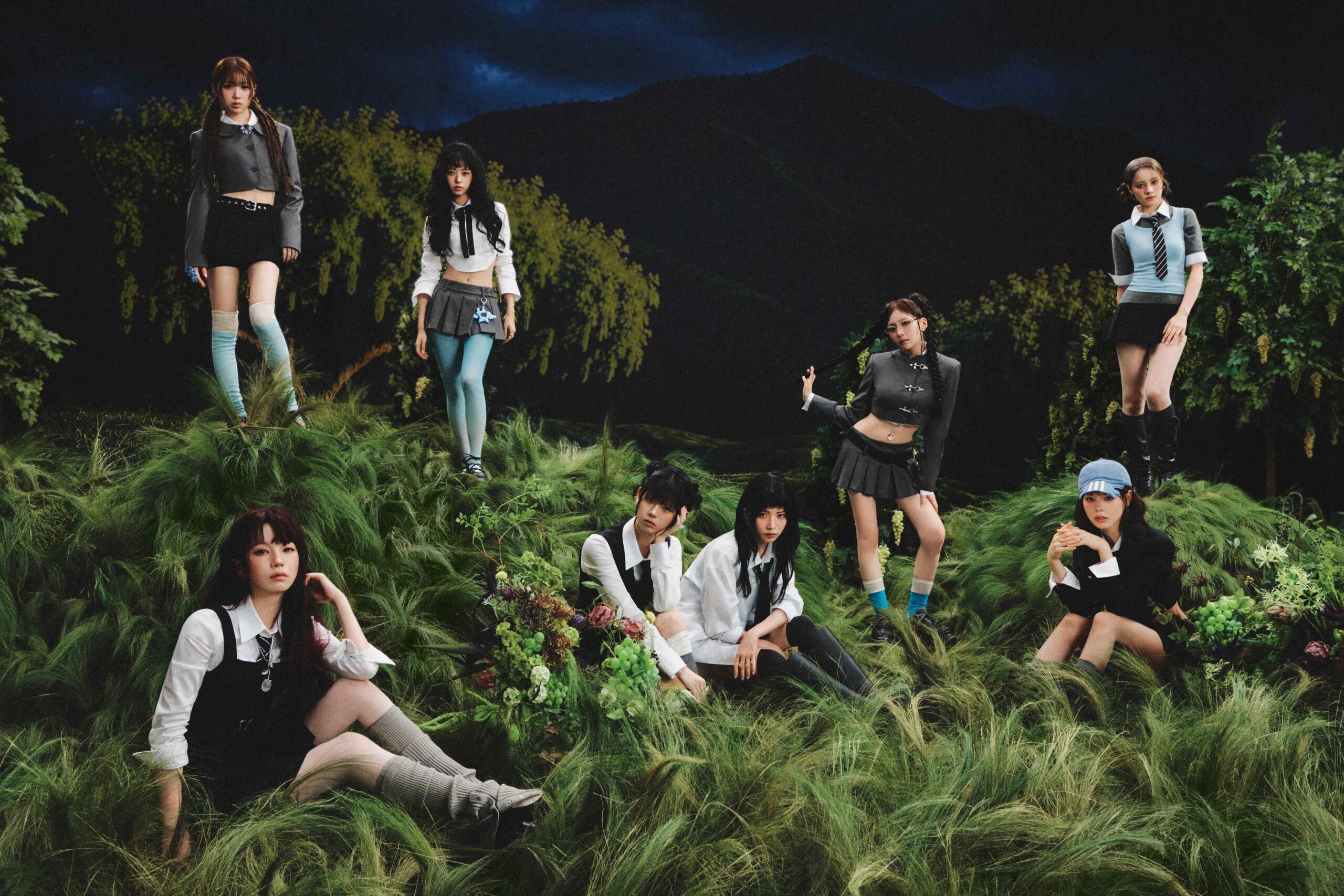 NiziU「Sour Grapes」ティザー写真（ネオングリーン背景の集合カット2）
